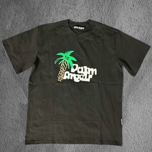 Palm Angels Black Tee with Green and White Graphic
